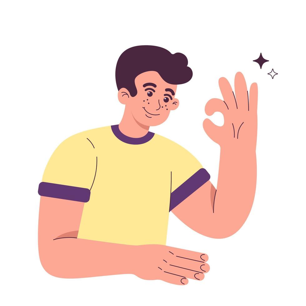 homem está mostrando um gesto ok, ok no estilo cartoon simples. ilustração vetorial isolada no fundo branco. vetor