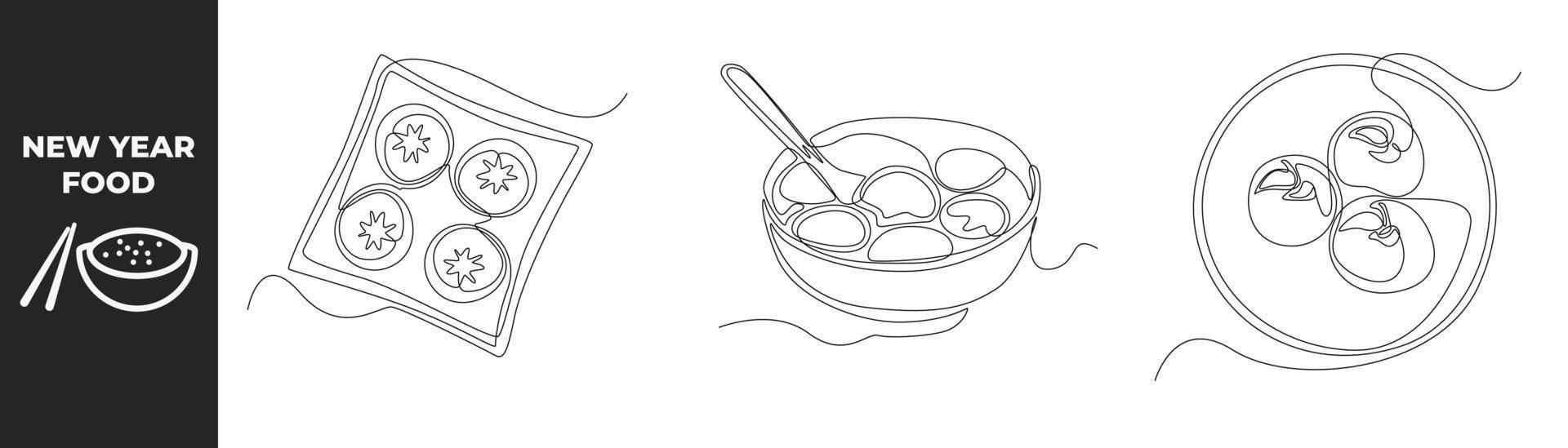 única linha desenhando o conceito de conjunto de comida de ano novo. vários bolos para comida de ano novo e bolinhos de arroz em tigela de porcelana. ilustração em vetor gráfico de desenho de desenho de linha contínua.