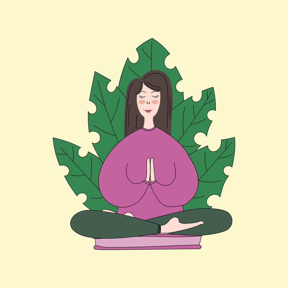 autocuidados. estilo plano. menina está sentada em posição de lótus. conceito vetorial moderno de estúdio de fitness, meditação, autoaperfeiçoamento, controle da mente e das emoções. ilustração vetorial vetor