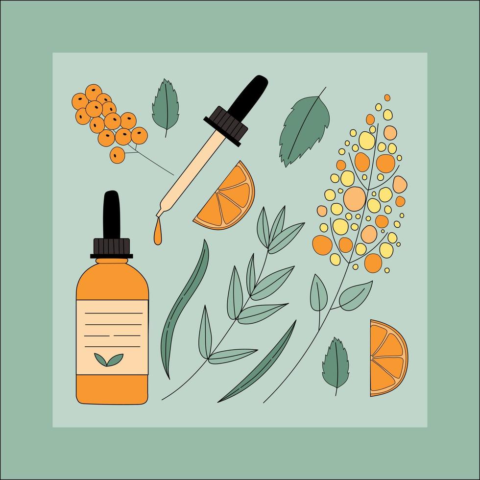 cosmético orgânico para cuidados com a pele definido em estilo plano. coisas de mulher, conceito de acessório de meninas ecológicas. produtos naturais para o cuidado do rosto. desenho vetorial desenhado à mão. vetor