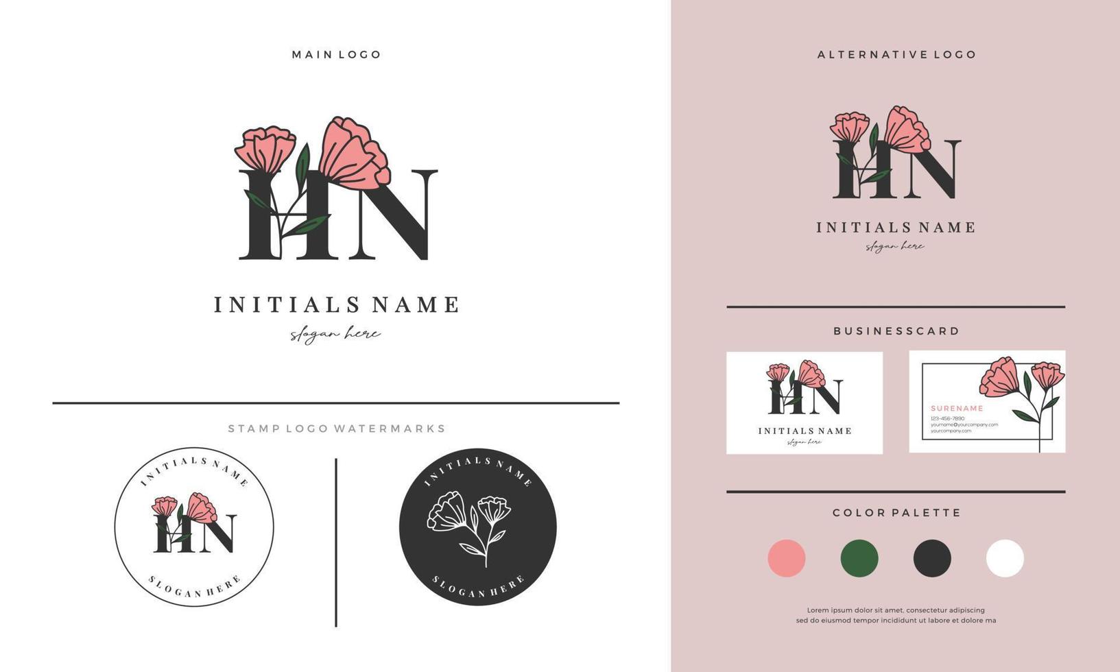 letra de caligrafia hn hn design de logotipo inicial com rosas para beleza ou botânica. vetor