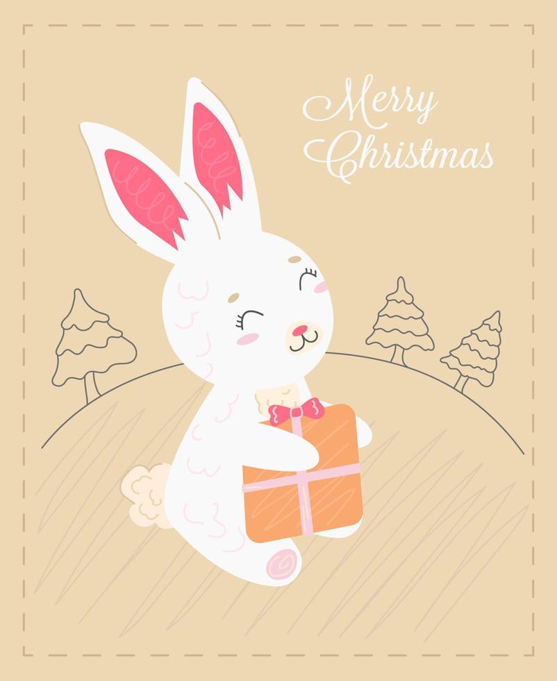 coelho fofo de cartão de natal segurando um presente no fundo da floresta vetor