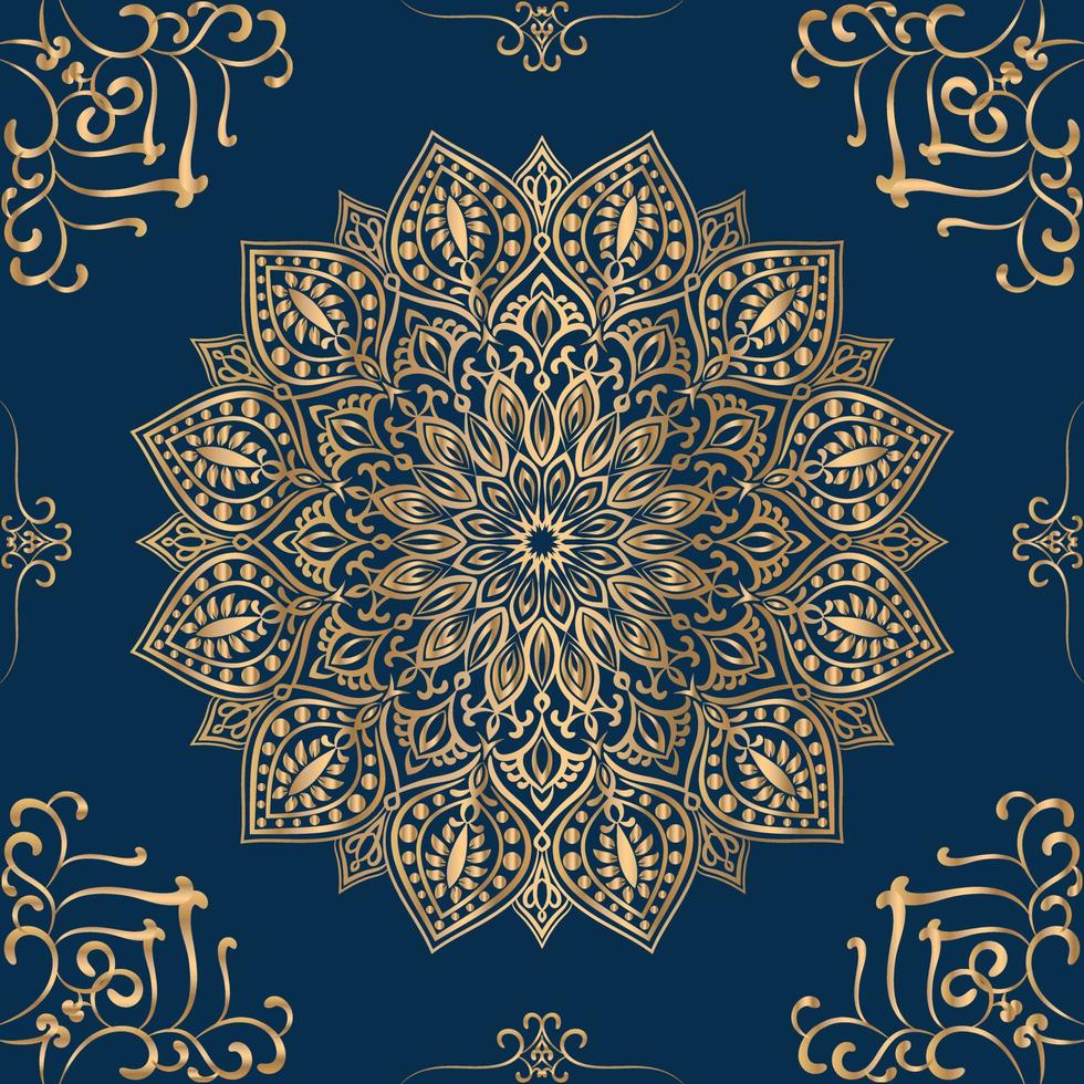 mandala de luxo de cor dourada com fundo azul escuro. vetor