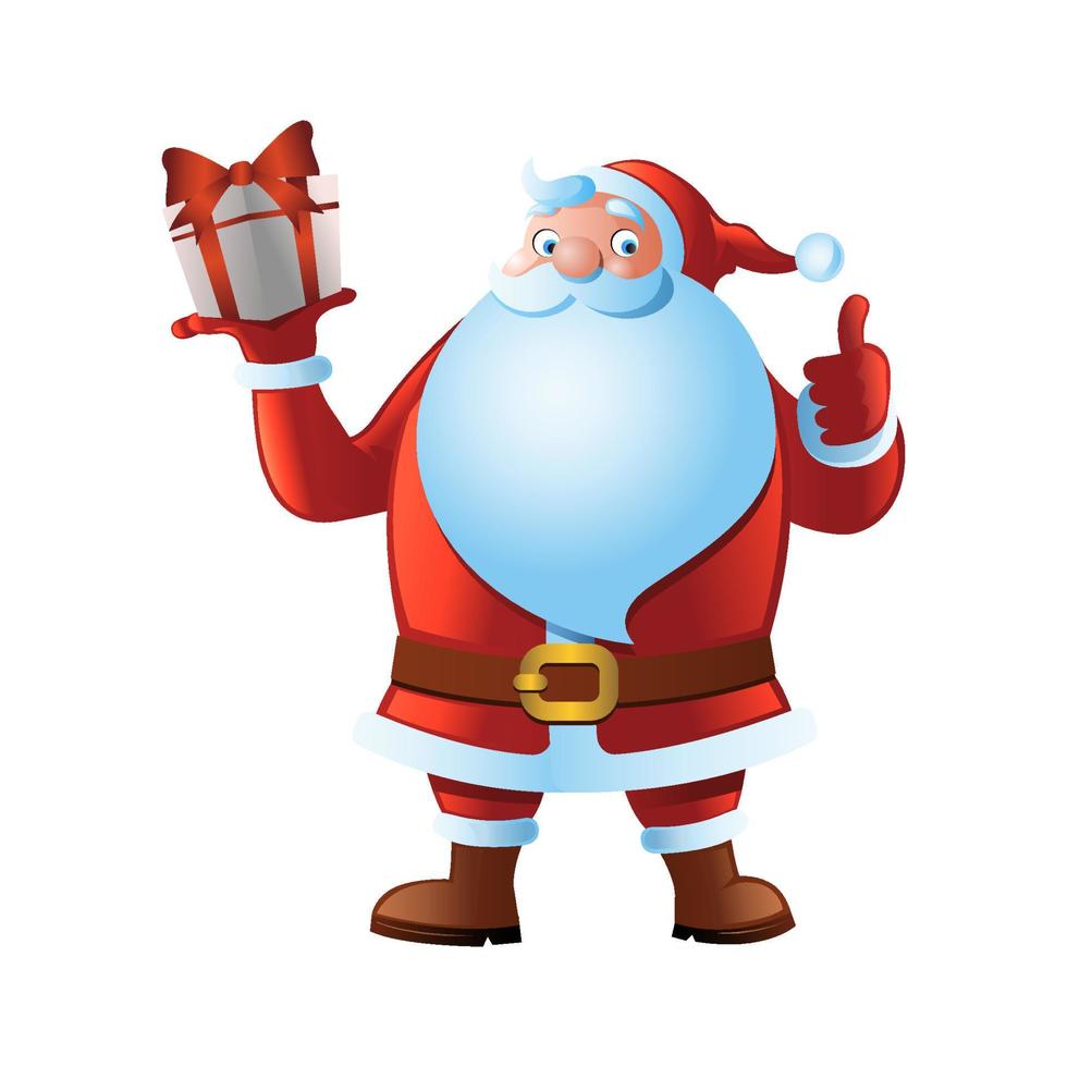 clipart da versão cartoon do papai noel levanta o presente e o polegar para cima vetor