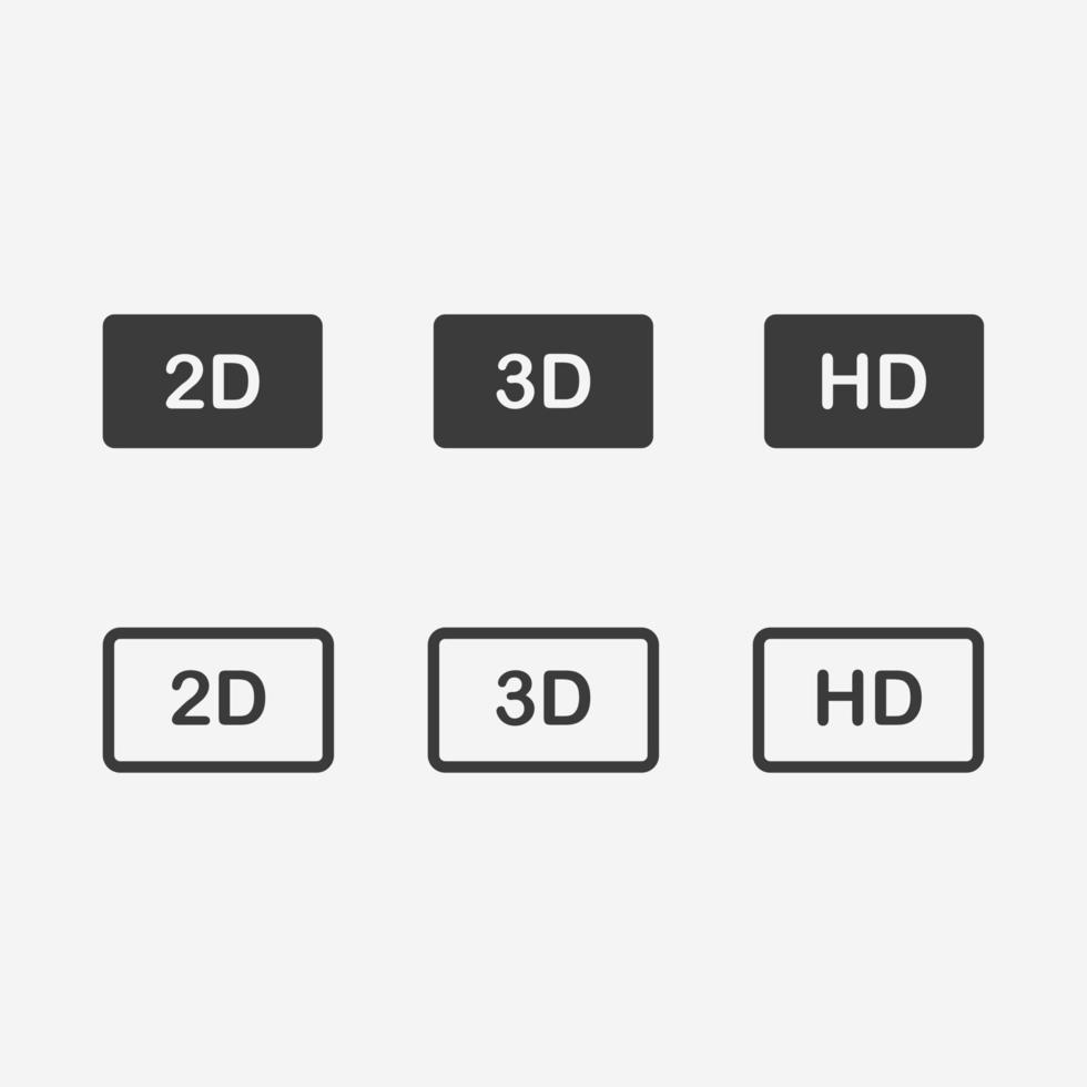 hd, 2d, 3d, filme, filme, ícone do cinema vetor conjunto sinal de símbolo