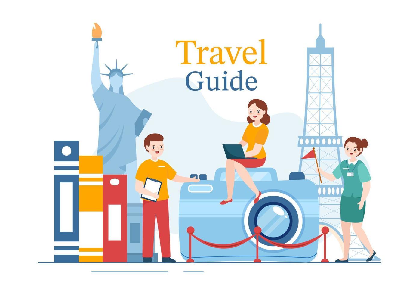 guia de viagem e tour com a exibição de lugares interessantes para um grupo de turistas para planejar férias em ilustração de modelos desenhados à mão de desenho animado plano vetor