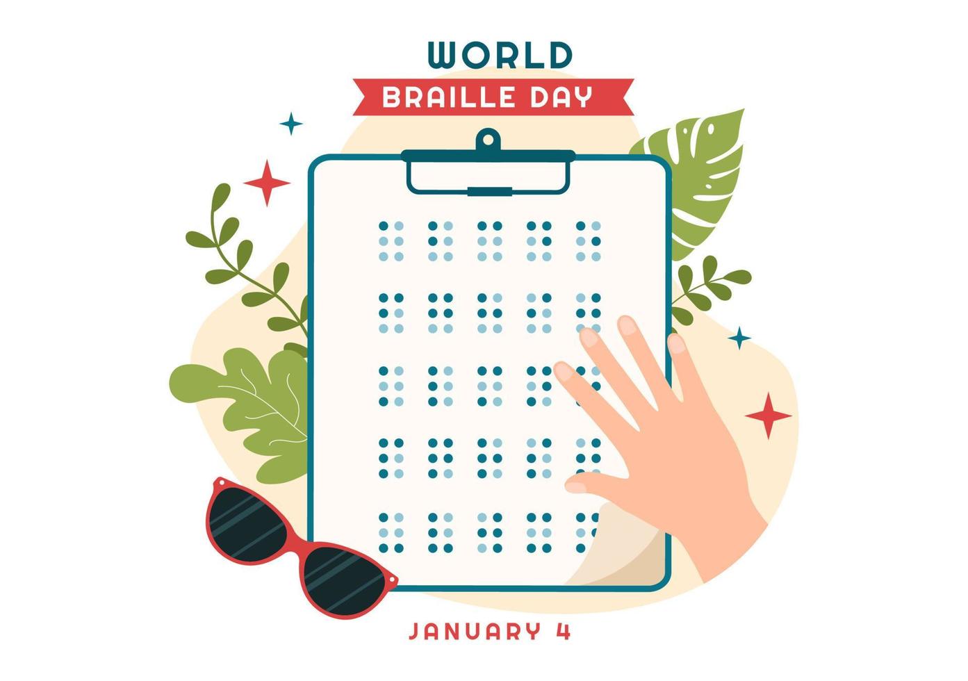 dia mundial do braille em 4 de janeiro com texto por alfabeto para meios de comunicação na ilustração de modelos desenhados à mão de desenhos animados planos vetor