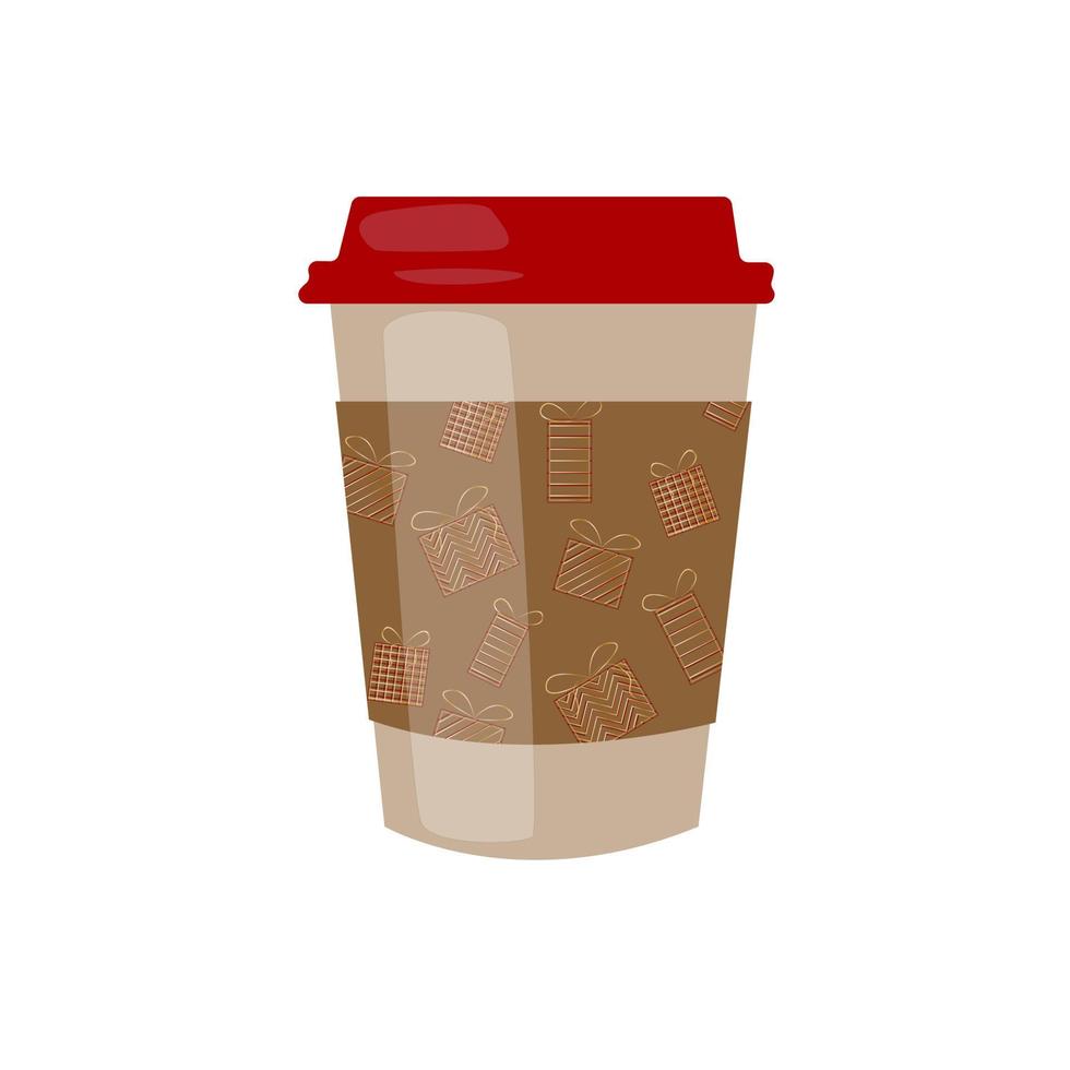 copo de papel com design de natal de inverno. copo de papel de café de natal com presentes ilustração vetorial no estilo cartoon plana vetor