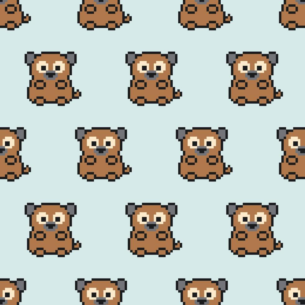 padrão de cachorro marrom de pixel fofo em fundo azul claro. Personagem de animais de desenho animado de 8 bits. textura para tecido, embrulho, têxtil, papel de parede. impressão decorativa. cachorrinho no estilo de jogos de computador dos anos 90. vetor