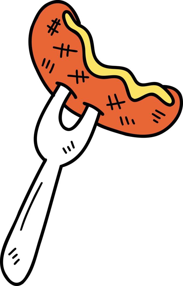 salsicha desenhada de mão perfurada por uma ilustração de garfo vetor