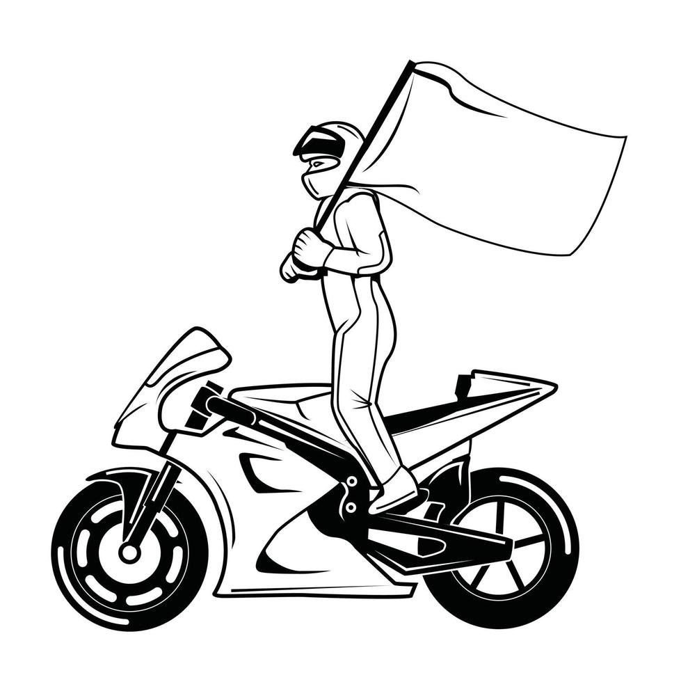corrida de moto com bandeira preto e branco vetor