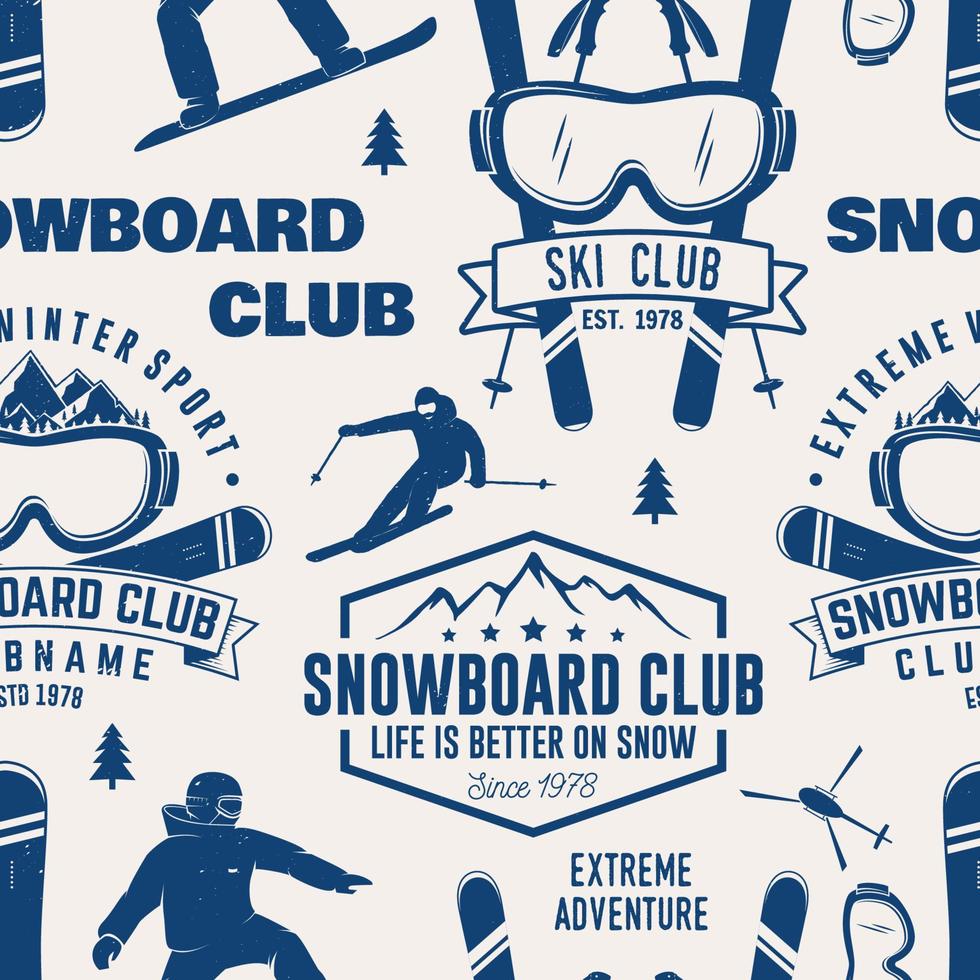 padrão sem emenda do clube de esqui e snowboard. ilustração vetorial. vetor