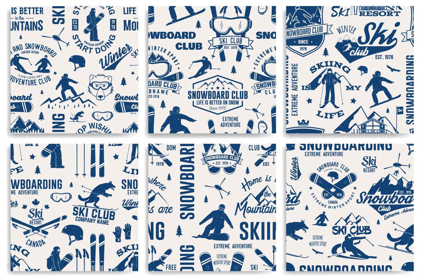 conjunto de padrão sem emenda do clube de esqui e snowboard. ilustração vetorial. vetor