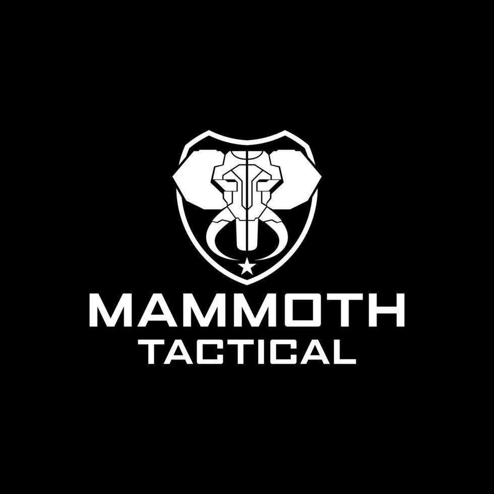 logotipo de elefante mamute tático em modelo de vetor preto e branco de escudo para design de logotipo de arsenal tático militar