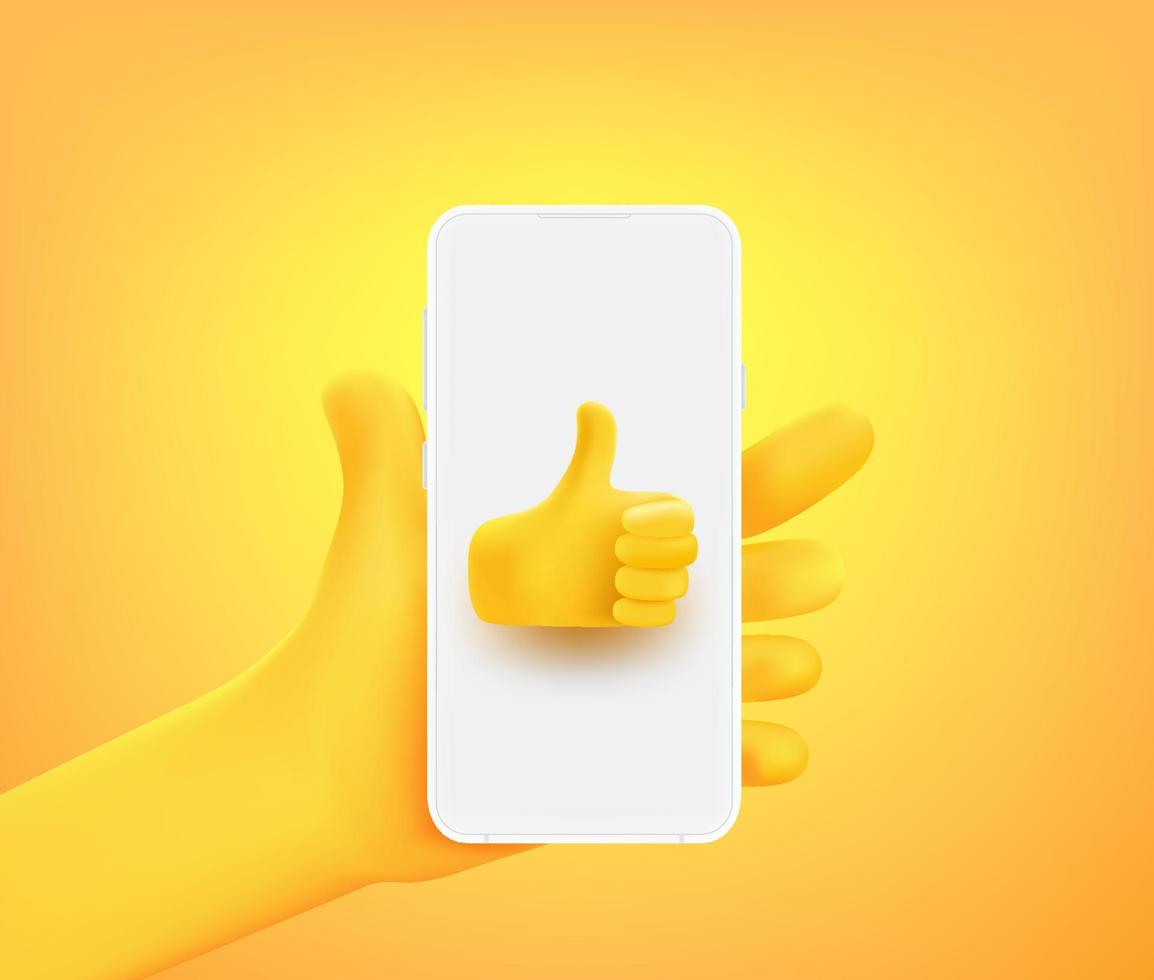 mão cômica bonita com polegares para cima ícone no smartphone. ilustração em vetor 3D