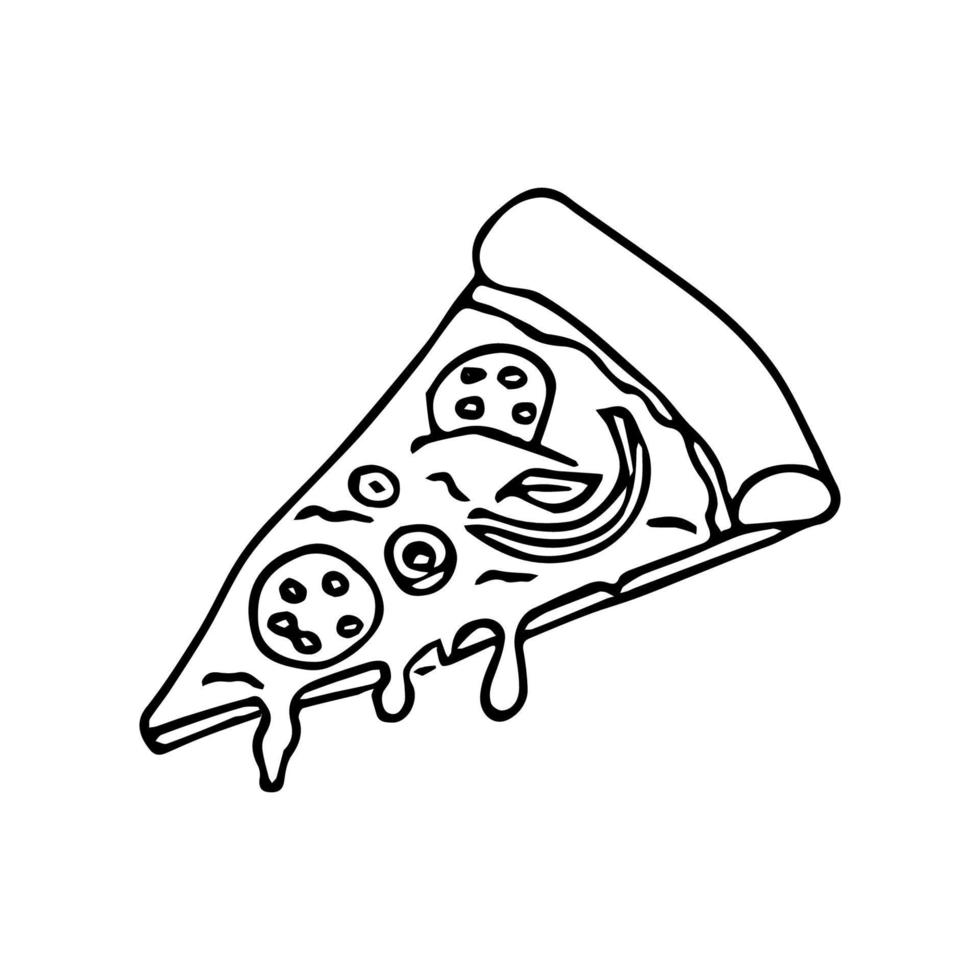 ilustração vetorial. fatia de pizza com queijo derretido e calabresa. rabisco desenhado à mão vetor