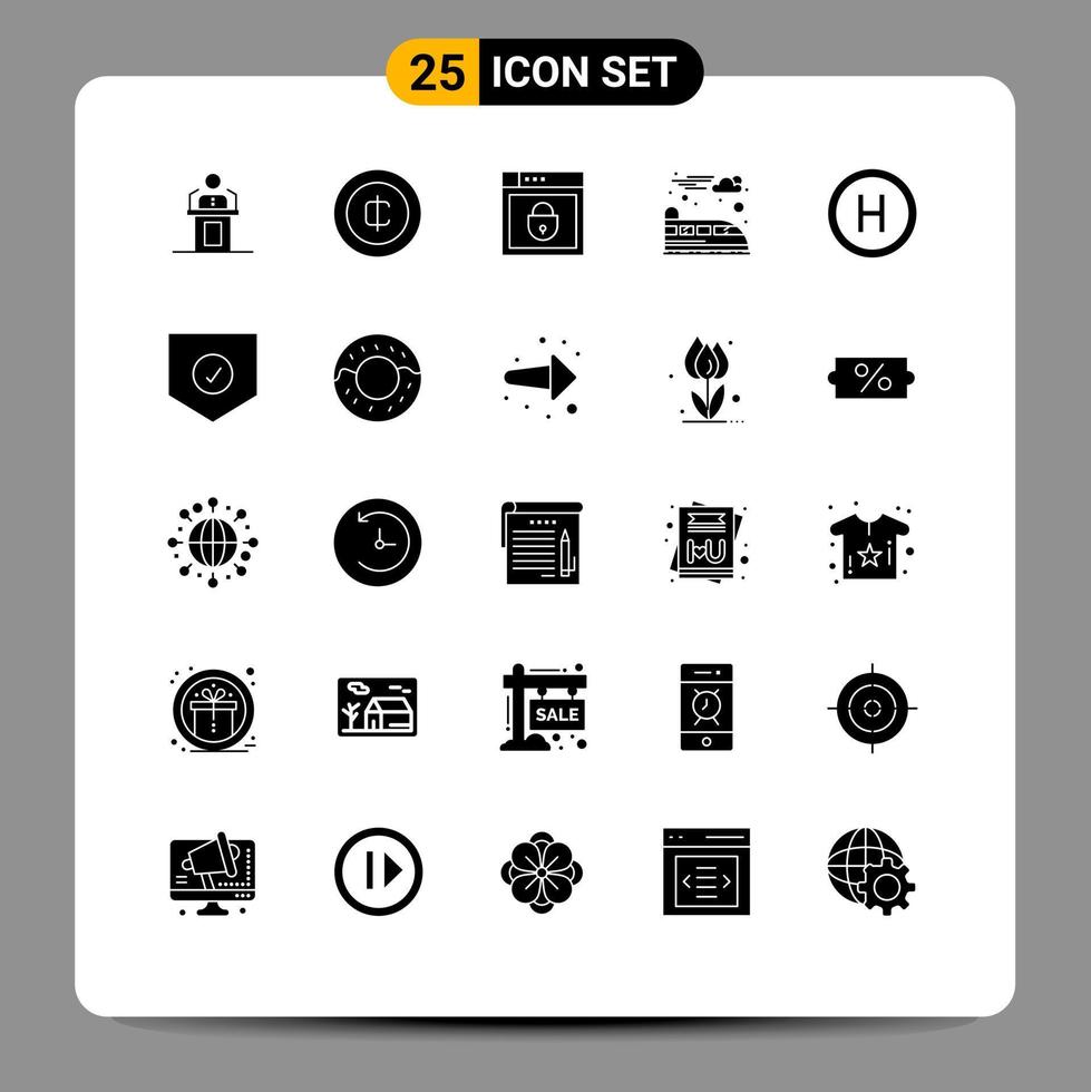 grupo de símbolos de ícone universal de 25 glifos sólidos modernos de trem moeda elétrica senha de segurança da web elementos de design vetoriais editáveis vetor