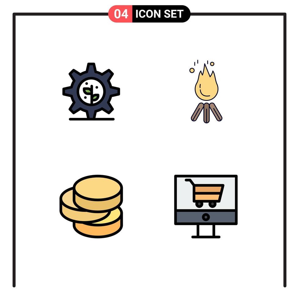4 interface de usuário pacote de cores planas de linha cheia de sinais e símbolos modernos de moedas de terra carrinho de acampamento de fogo elementos de design de vetores editáveis