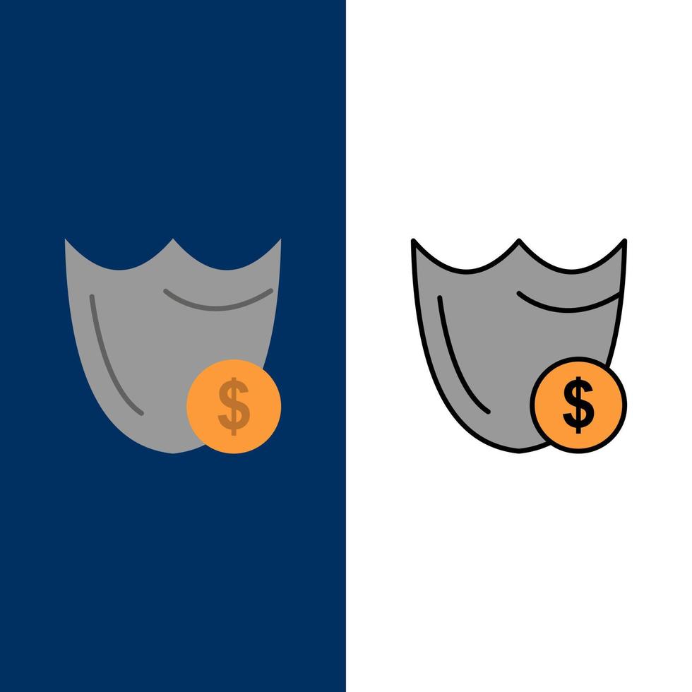 escudo guarda segurança segura segurança dólar ícones plano e conjunto de ícones cheios de linha vector fundo azul