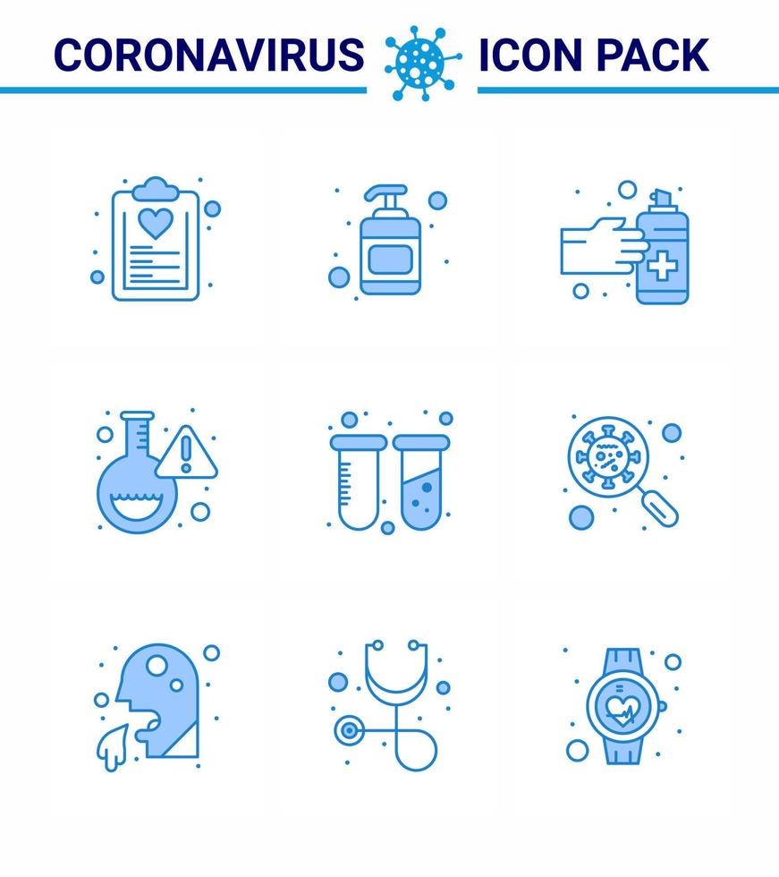 ícones de conscientização de coronavírus 9 ícone azul corona vírus relacionado à gripe, como gestos de vírus de teste, frasco de pesquisa viral coronavírus 2019nov elementos de design de vetor de doença