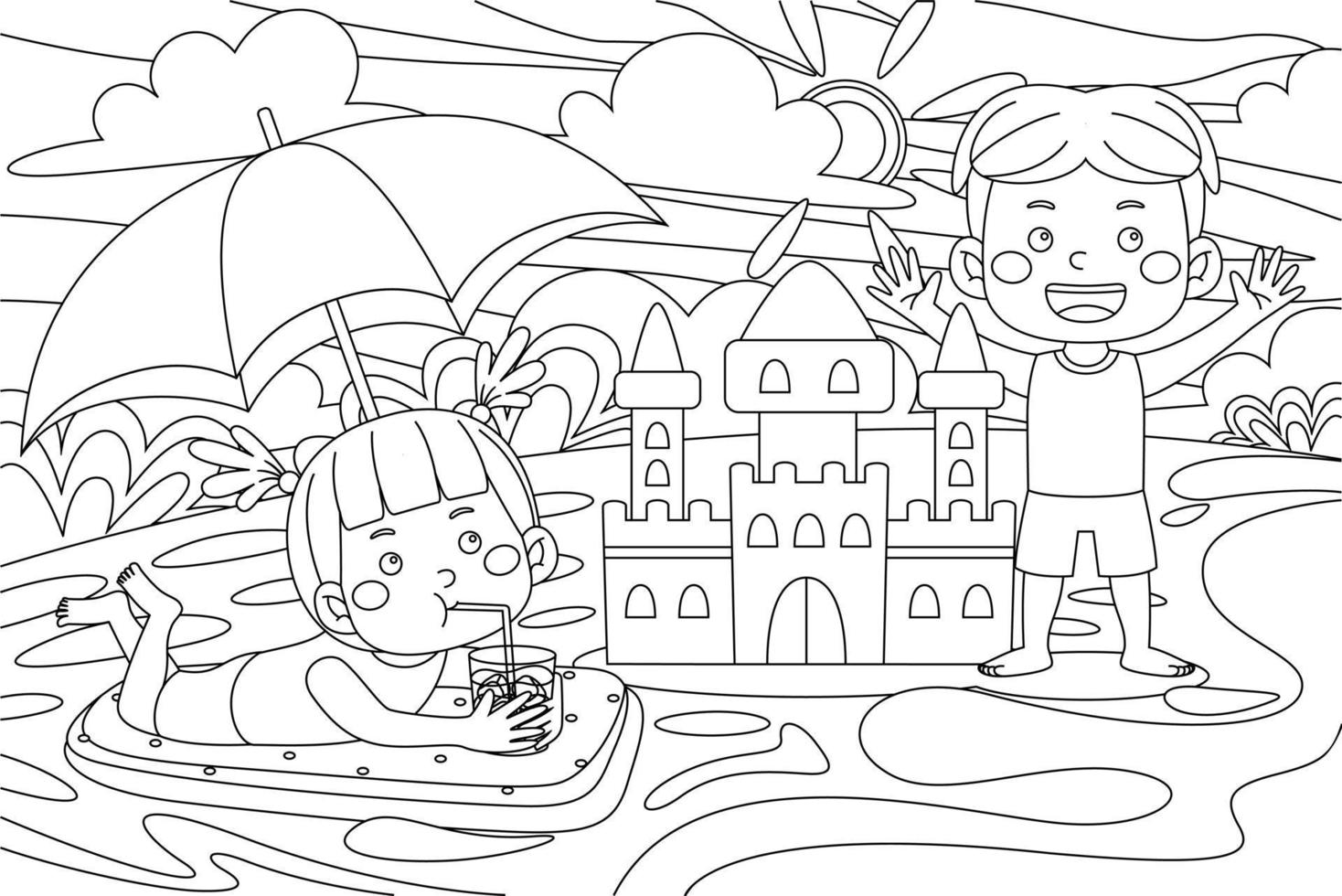 ilustração de contorno vetorial de férias de crianças fofas para livro de colorir vetor