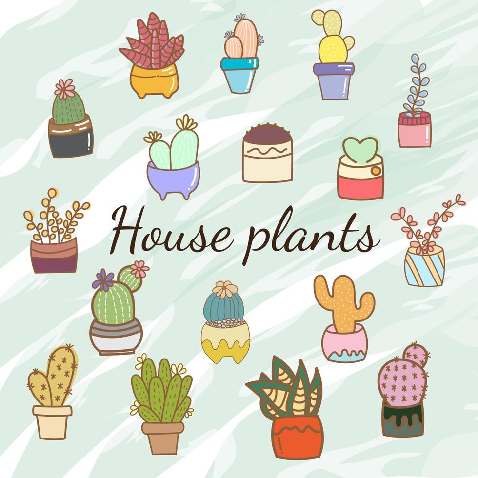 conjunto de plantas de casa fofas em vasos, desenho à mão. conjunto botânico colorido vetor