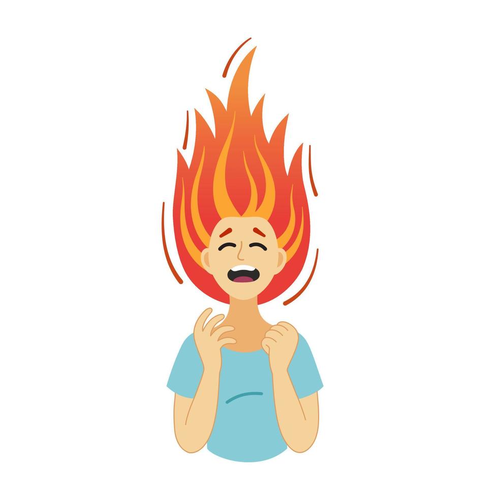 mulher irritada de raiva, estresse, explodindo de raiva. o cabelo se incendeia como uma chama. conceito sobrecarregado. ilustração de desordem pessoal no estilo doodle. vetor