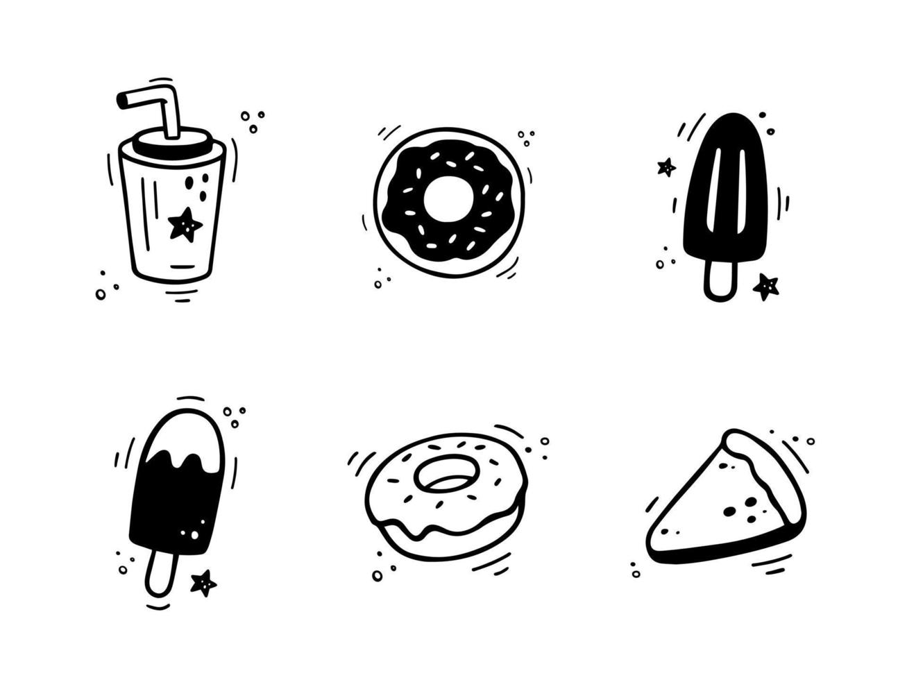 ícones de sobremesas de fast-food desenhados à mão. esboço de elementos de lanche - sorvete, rosquinhas, torta, bebida, milk-shake. ilustração de fast-food em estilo doodle. coleção de fast-food. vetor