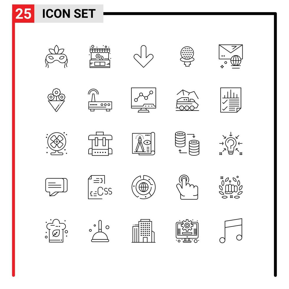 conjunto moderno de 25 linhas e símbolos, como elementos de design vetoriais editáveis de jogo de seta de hotel de e-mail vetor