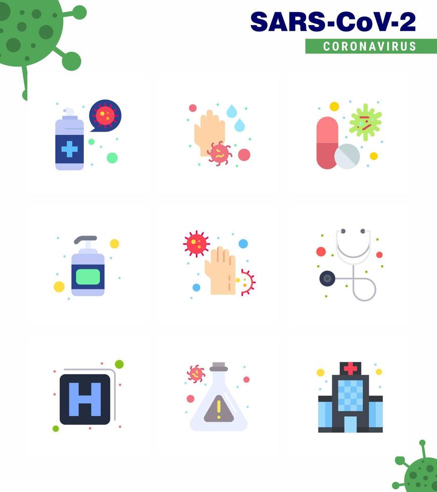conjunto de ícones de prevenção de coronavírus 9 ícone de cor plana, como pílula de loção de vírus de desinfetante para as mãos, coronavírus viral 2019nov elementos de design de vetor de doença