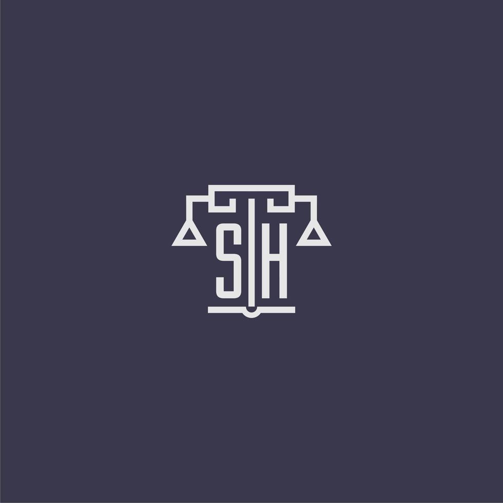 sh monograma inicial para o logotipo do escritório de advocacia com imagem vetorial de escalas vetor