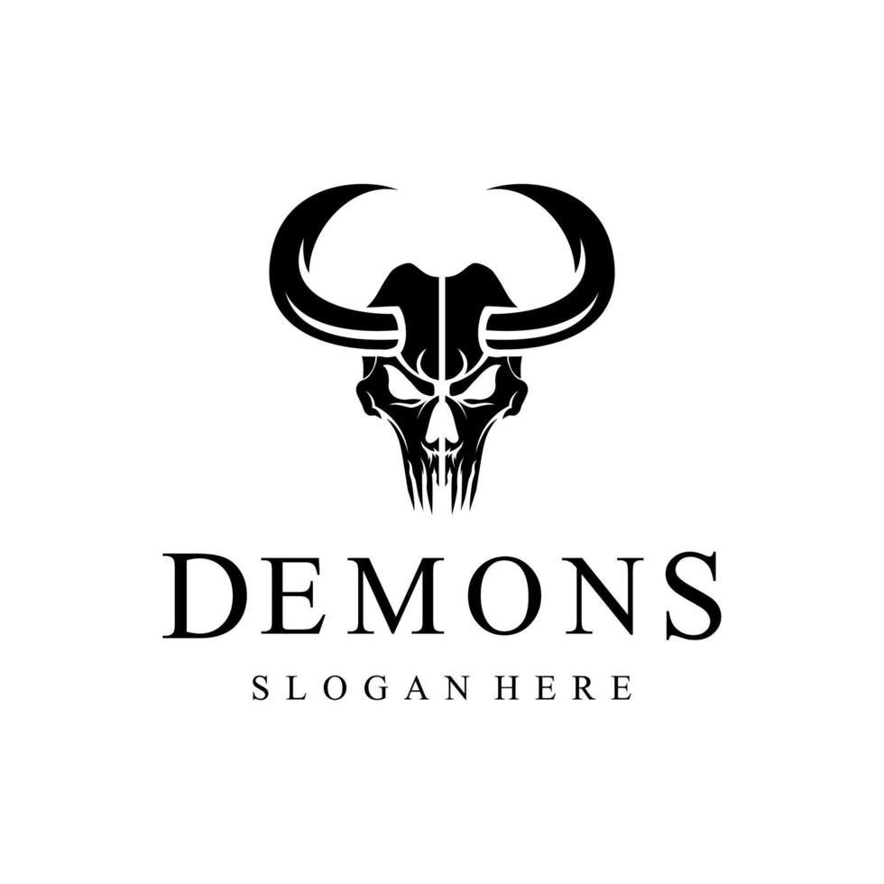 modelo vintage preto e branco de cabeça de caveira demoníaca para rótulos, emblemas, distintivos ou modelo de design de logotipo vetor