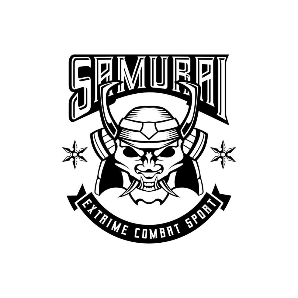 capacete de máscara de samurai de logotipo em ilustração em vetor preto e branco estilo vintage