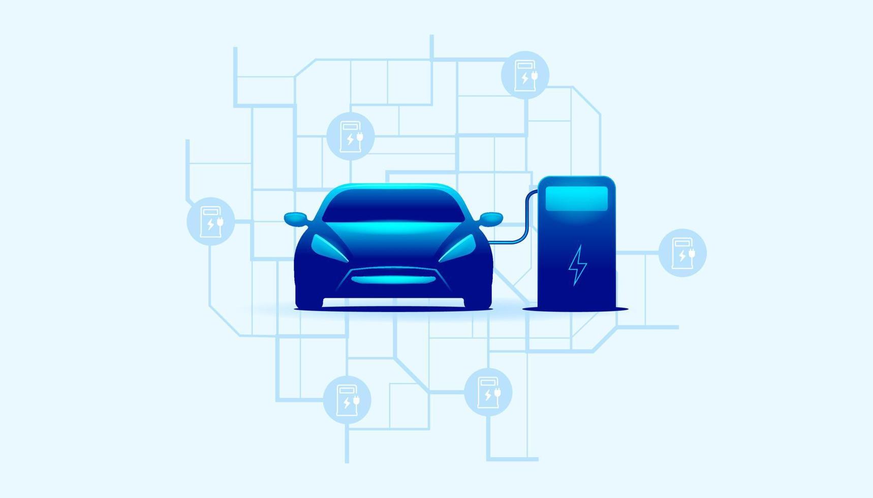 estação de carregamento ev com carregamento de carro azul elétrico. mapa com a localização das estações de carregamento elétrico. ilustração vetorial. vetor