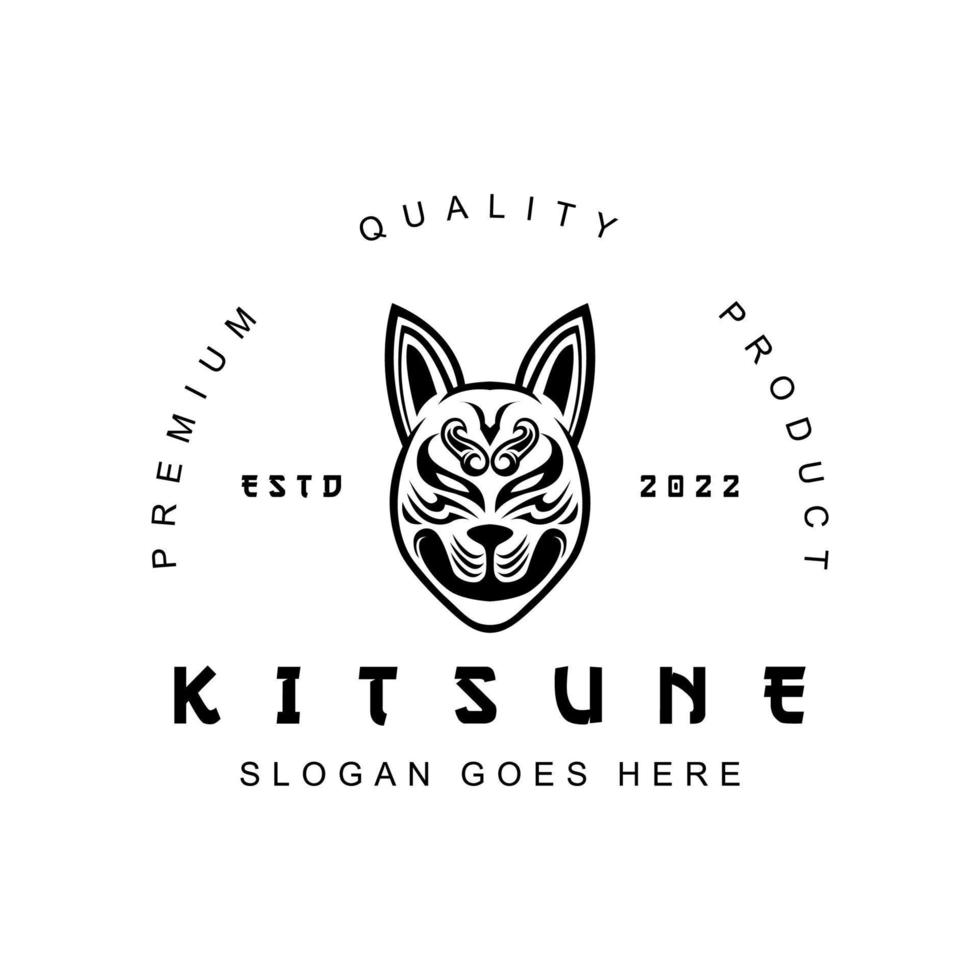 logotipo de lobo japonês de cabeça kitsune em ilustração em vetor preto e branco estilo vintage