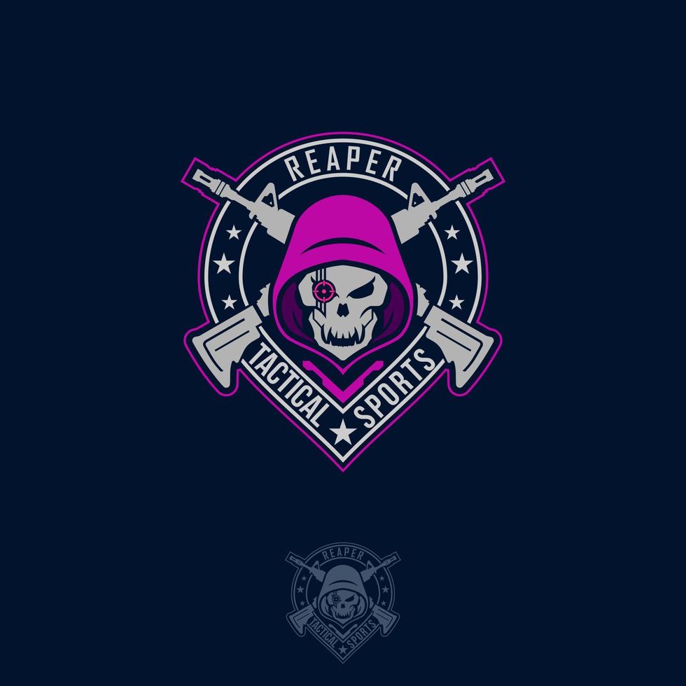 design de estilo militar do logotipo do crânio do grim reaper. para design de logotipo de mascote em distintivo moderno, modelo de logotipo de mascote. vetor