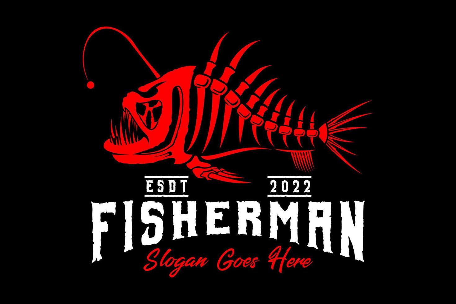 logotipo de pesca de crânio de esqueleto de tamboril em fundo preto escuro em modelo de estilo de design de logotipo rústico vintage moderno ilustração em vetor