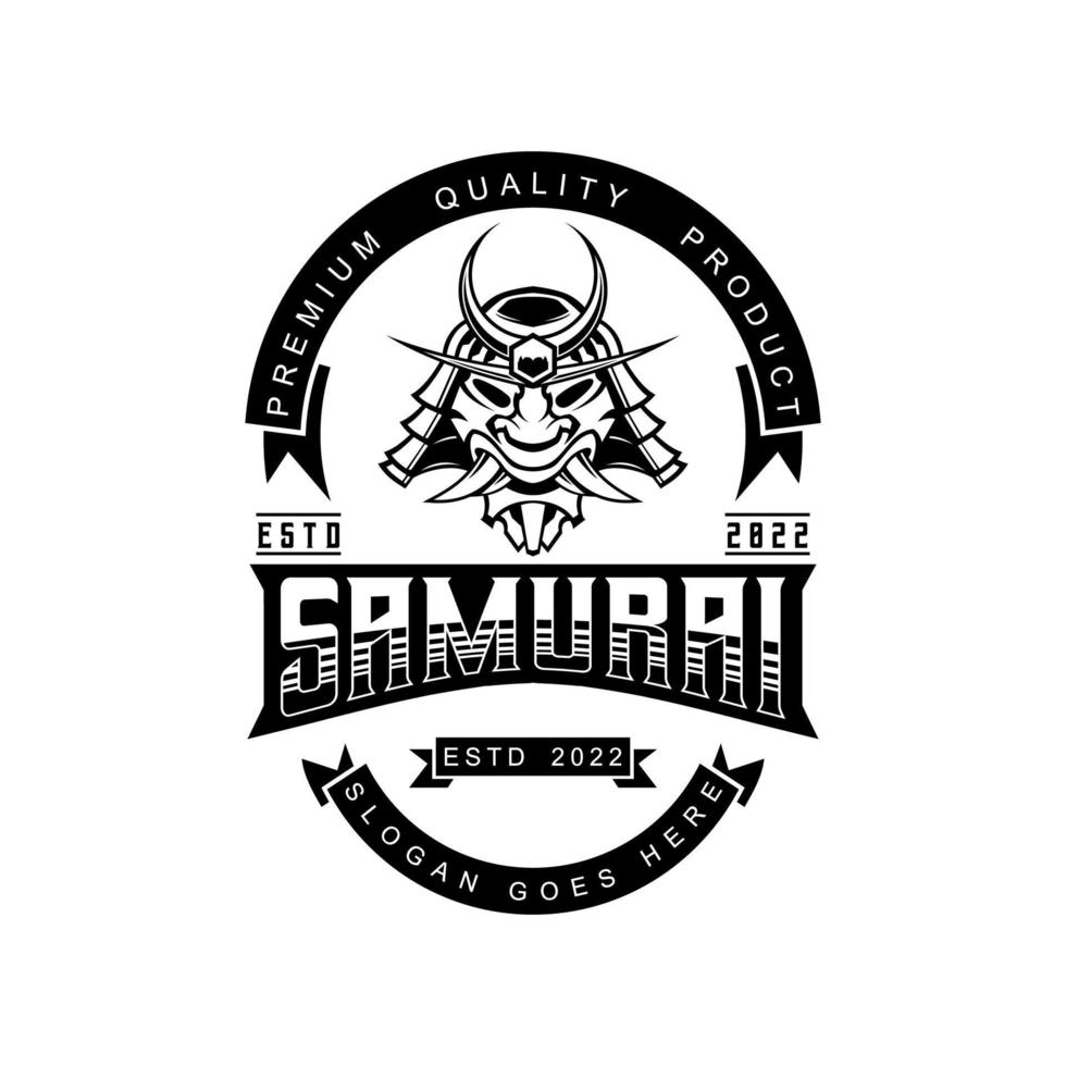 rosto zangado de máscara de ronin de capacete de logotipo de guerreiro samurai em estilo vintage ilustração em vetor preto e branco