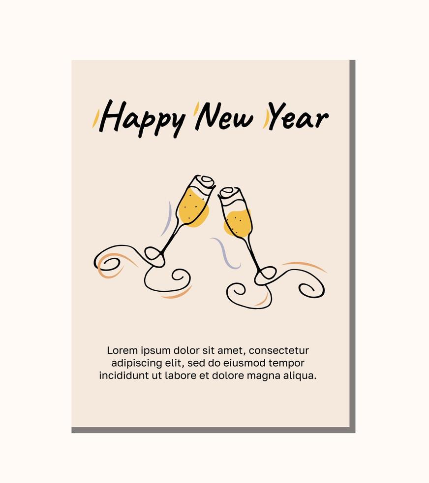 cartão de ano novo com taças de champanhe e texto. ilustração vetorial lineart. vetor