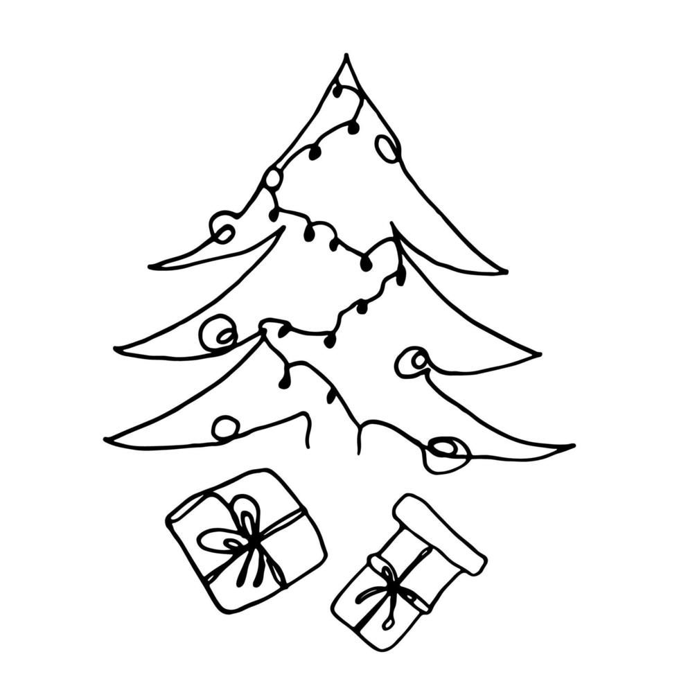 árvore de Natal de arte de linha e presentes no backgraund branco. ilustração em vetor página para colorir.