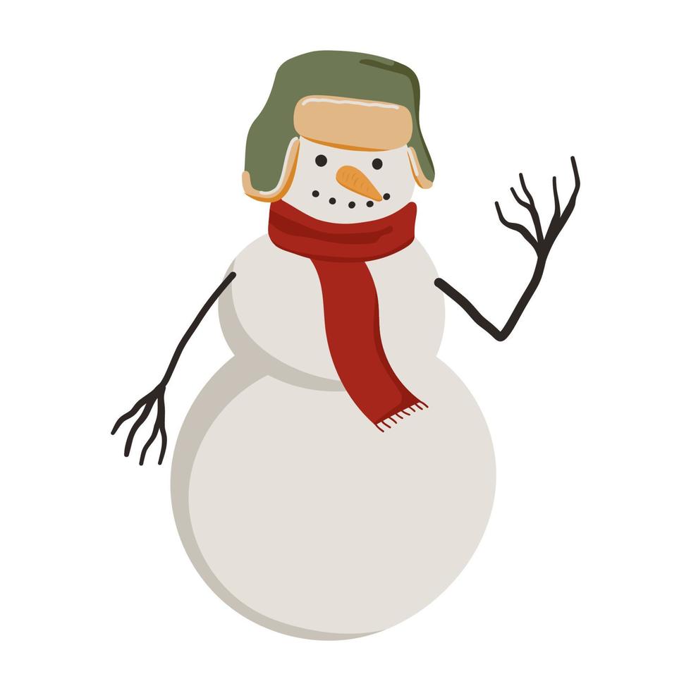 boneco de neve usando um cachecol e chapéu. ilustração de inverno de natal desenhada de mão vetor