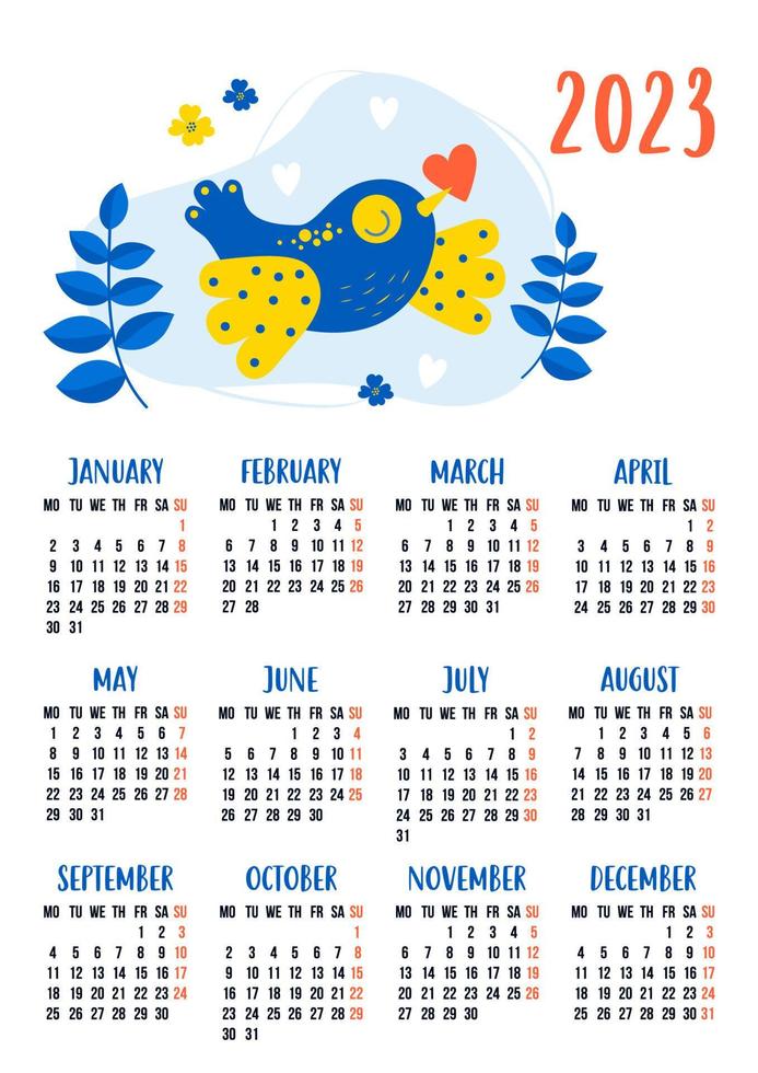 calendário para 2023 com lindo pássaro amarelo-azul decorativo pomba com coração. ilustração vetorial. modelo vertical por 12 meses em inglês. semana começa na segunda-feira. papelaria, impressão, organizador, decoração. vetor