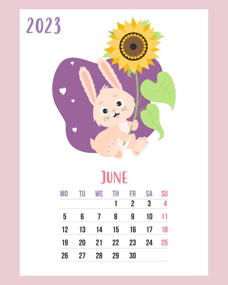 calendário de junho de 2023. coelhinha com girassol grande flor amarela. ilustração vetorial. modelo vertical. semana de segunda-feira em inglês. a4. coelho é o símbolo do ano 2023 para o zodíaco chinês. vetor