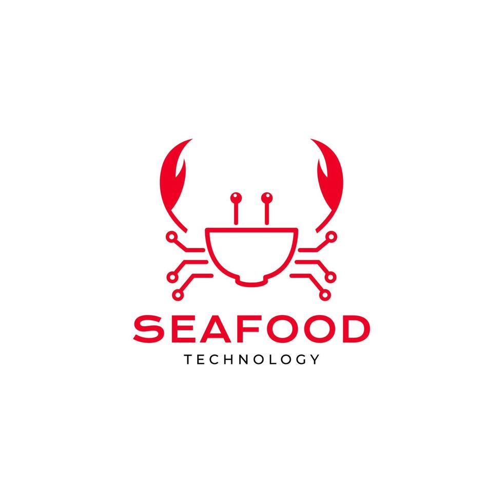 tigela com vetor de design de logotipo de linha de tecnologia de frutos do mar de caranguejo