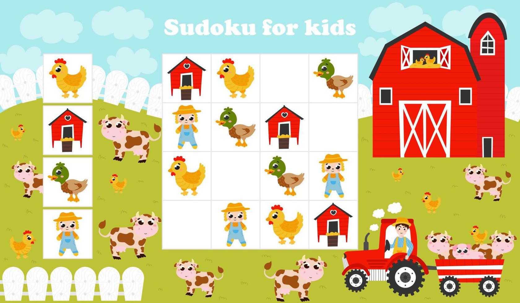 jogo de sudoku colorido para crianças com trator com animais de fazenda, celeiro em estilo cartoon, planilha para impressão vetor