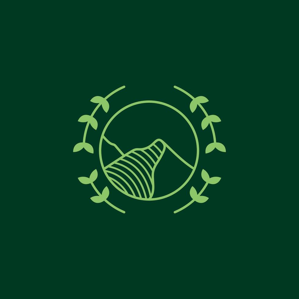 círculo com vetor de design de logotipo de linhas minimalistas de folhas de montanha
