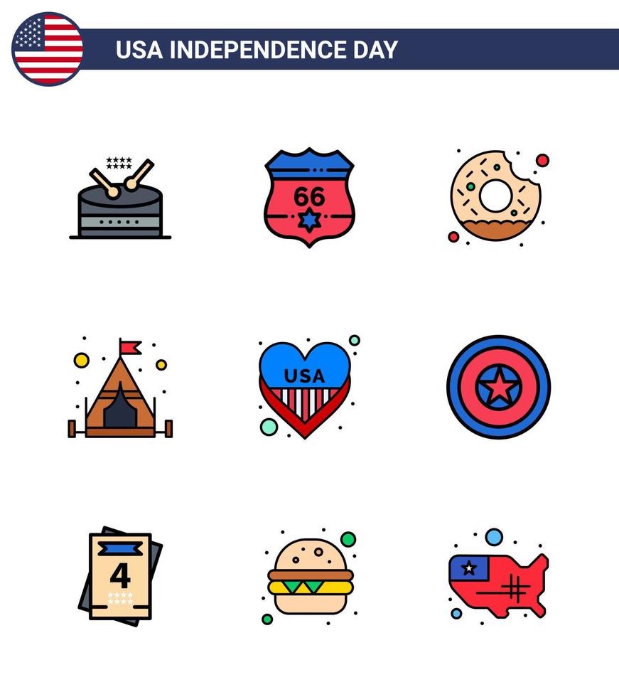 grande pacote de 9 eua feliz dia da independência eua vector linhas planas preenchidas e símbolos editáveis do amor americano donut tenda acampamento editável dia dos eua vetor elementos de design