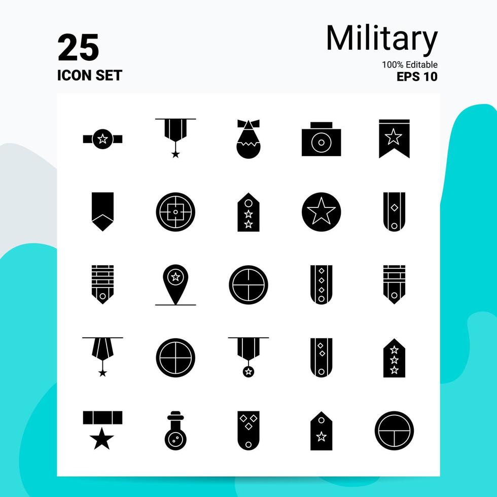 Conjunto de 25 ícones militares 100 eps editáveis 10 arquivos idéias de conceito de logotipo de negócios design de ícone de glifo sólido vetor