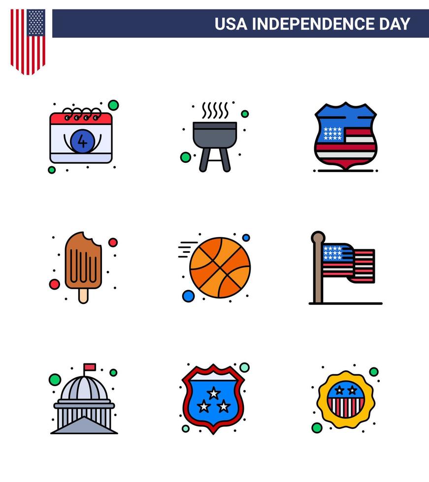 feliz dia da independência dos eua conjunto de pictogramas de 9 linhas planas simples preenchidas de sinal de basquete esportivo sorvete editável dia dos eua elementos de design vetorial vetor