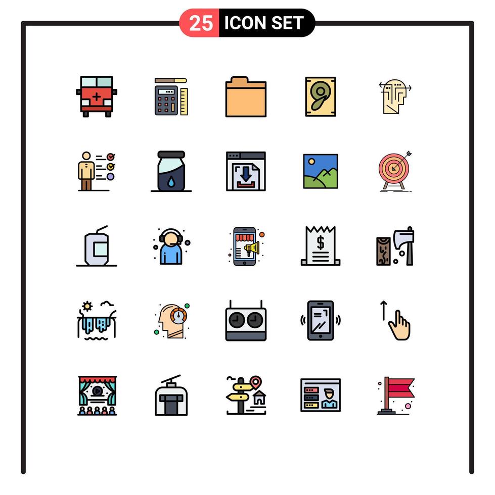 25 interface do usuário linha cheia pacote de cores planas de sinais modernos e símbolos da mente estratégia educação alto-falante música elementos de design de vetores editáveis